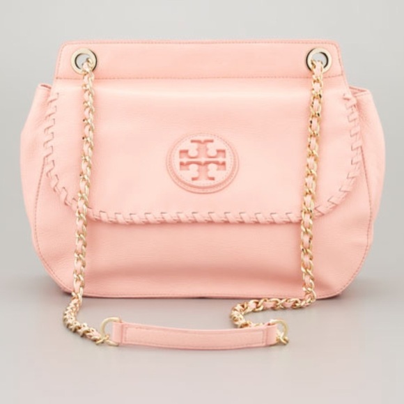 Rare Tory Burch Marion Light Pink Saddle Bag Big Crossbody Bag Gold Chain - Picture 1 of 9